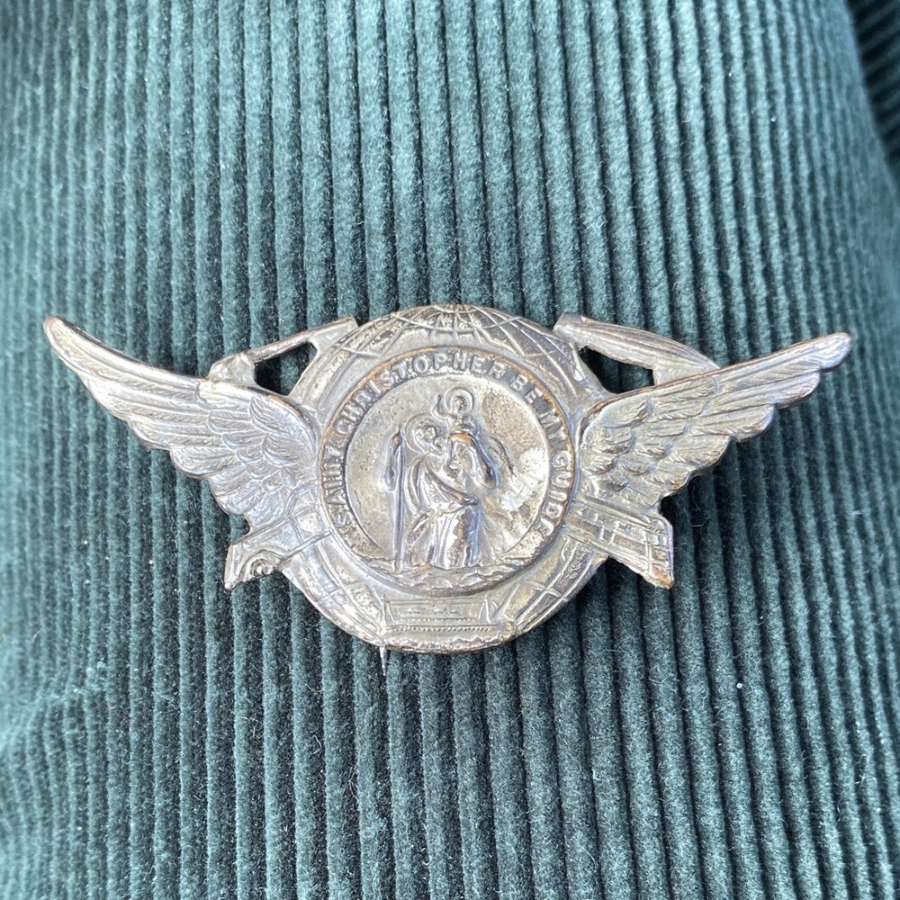 Antique Winged St Christopher Visor Pin/Clip, Religious Automobile Visor Pin